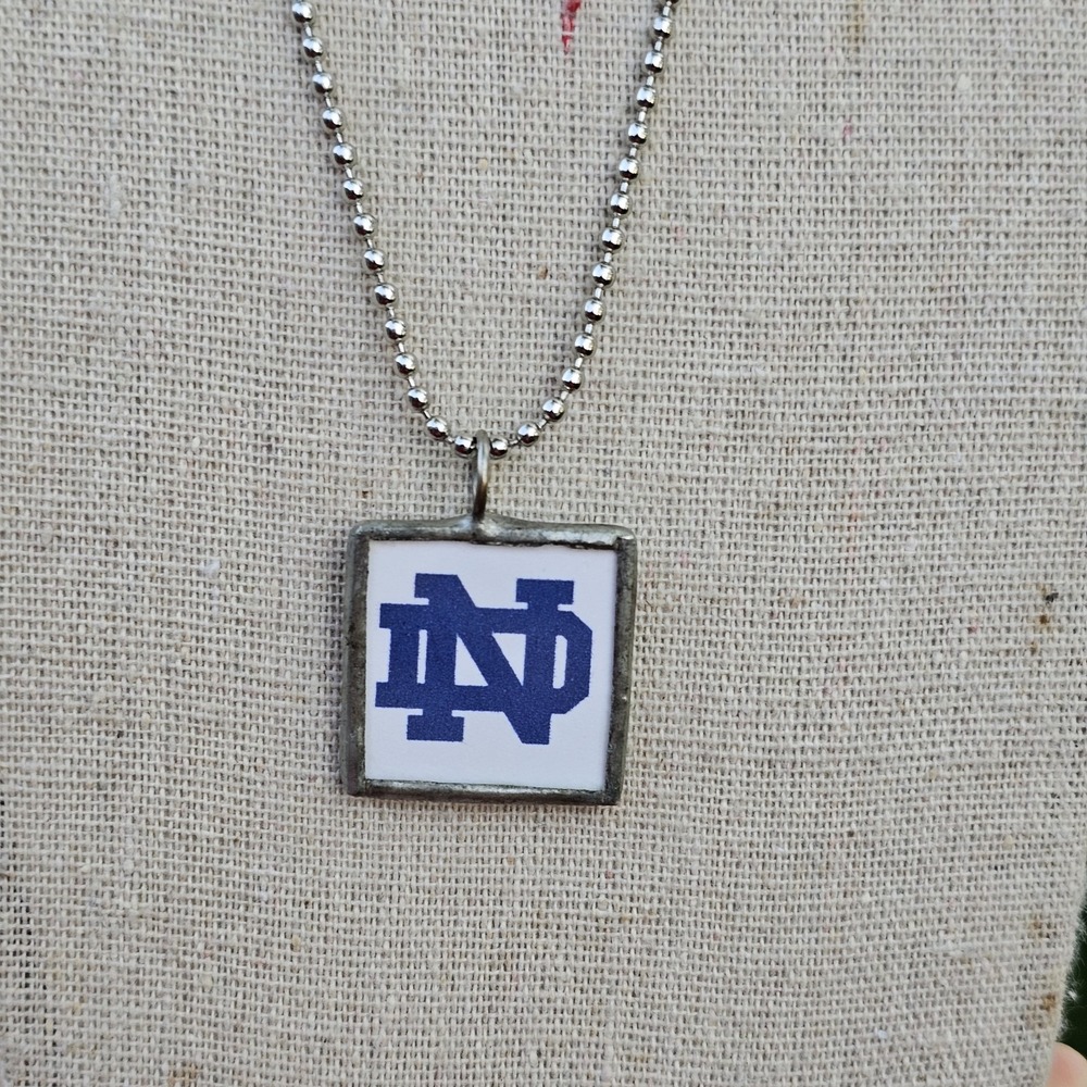 Vtg Silver Tone Notre Dame University School Double Sided Pendant Necklace Logo
